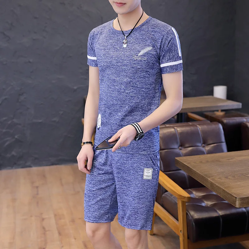 

2019 Summer Set Men's Fashion Casual Feather Printed Short Sleeve Shorts Viscose Set Tz01
