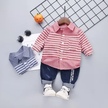 

Spring 2020 New Boy Clothes Suit Long Sleeve Shirt Jeans Suit Striped Top Trousers 2 Pcs Set Red Blue For 0-5 Year Old Baby Boy
