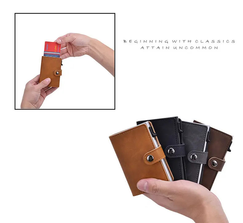 Blocking Vintage Men Credit Card Holder Aluminum Alloy Business ID Card Case Automatic Male Metal Leather Cardholder Wallet 2021