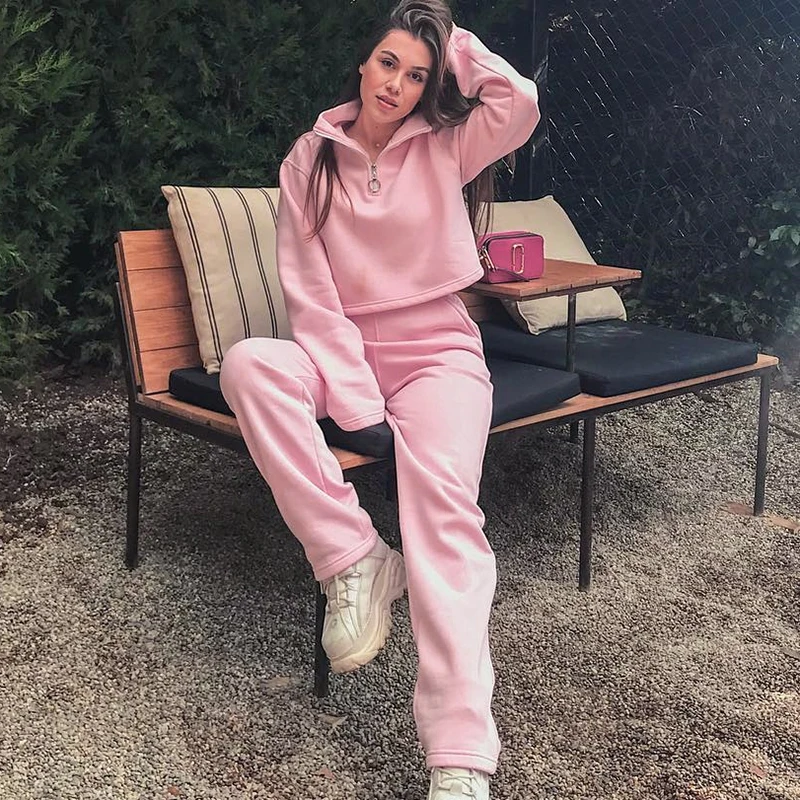 

High Street Pink Tracksuits Women 2pcs Set Long Sleeve Turtleneck Sweatshirt and Pants Female Two Piece Set Front Half Hoop Zip