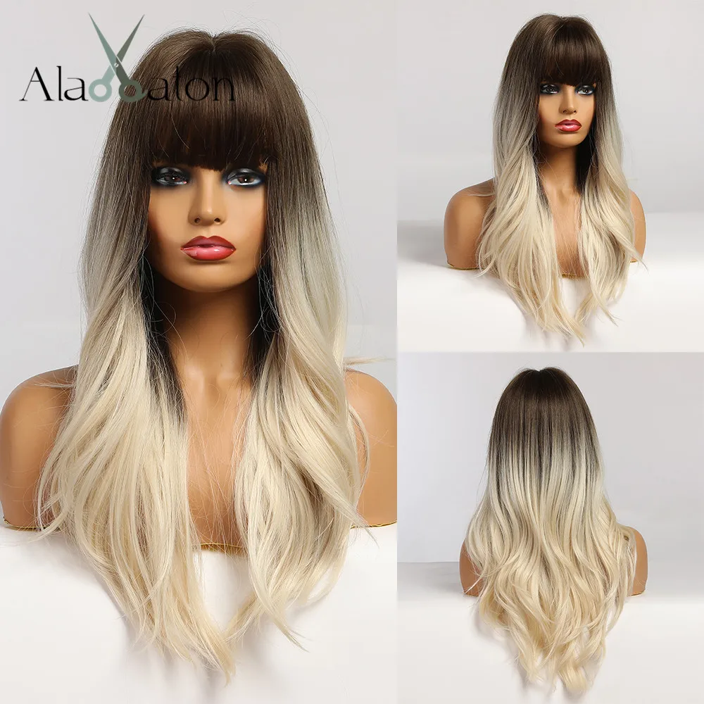 Synthetic Wigs Platinum Blonde Water-Wave Bangs Heat-Resistant Black Natural Women Cosplay