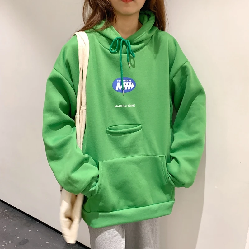 Ulzzang свободные Bf карман печати с капюшоном негабаритных теплый Harajuku Kawaii Винтаж Толстовка толстые карманные Пуловеры Женская одежда