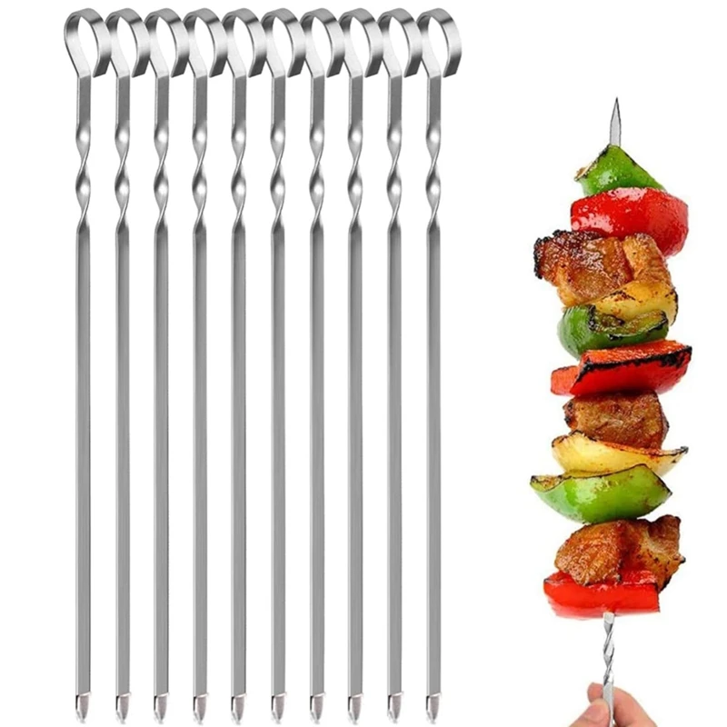 Barbecue Skewers Flat Metal BBQ Grill Skewer 16 Inch Stainless Steel Reusable Grilling Set for Meat 10 Pack |