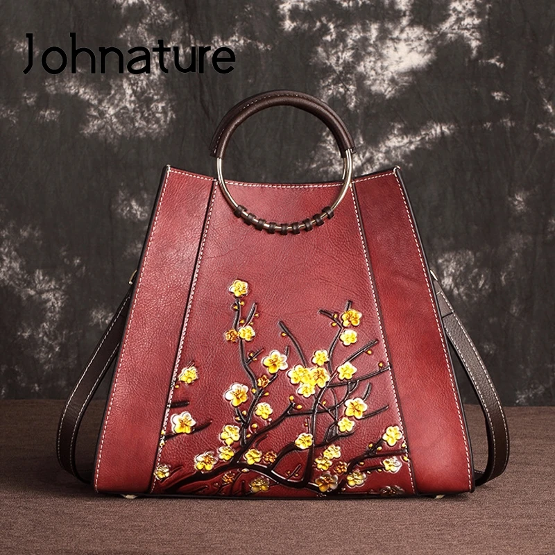 Johnature Vintage Embossing Genuine Leather Zipper& Hasp Floral Women Handbags Fashion Simple Cowhide Shoulder&Crossbody Bags