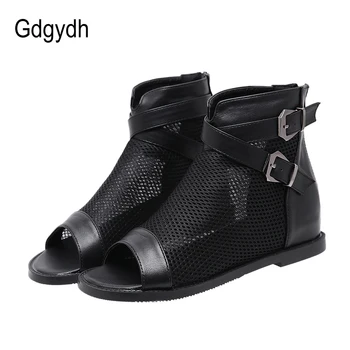 

Gdgydh European Style Summer Shoes Women Height Increasing Black Mesh Breathable Ladies Boots For Summer Fashion Buckle Open Toe