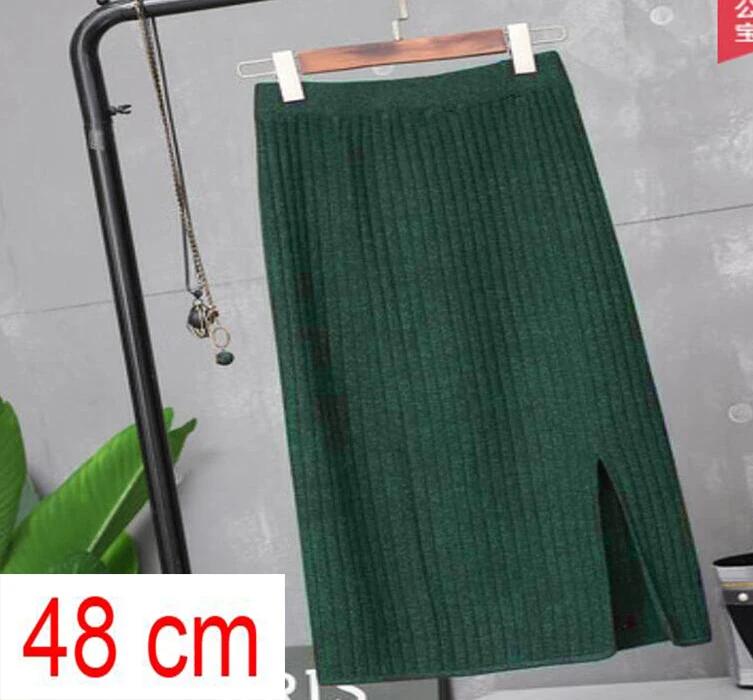 green 48cm Женская облегающая элегантная юбка-карандаш миди с разрезом сзади, Весенняя женская трикотажная юбка с высокой талией, черная однотонная женская офисная одежда, юбки - Цвет: green 48cm
