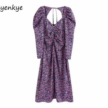 

Women Sexy Backless Floral Print Dress Romantic Lady Draped V Neck Long Sleeve A-line Elegant Long Dress Summer BBWM2025