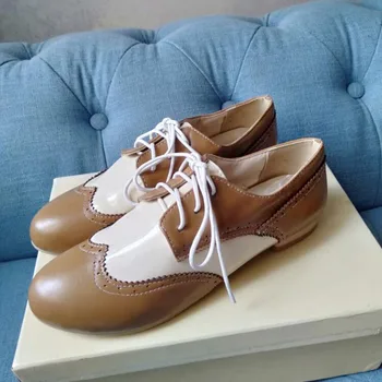 

Big Size 39 40 New 2020 Ladies Lace-Up Shoes Low-heels Soft Flats PU Leather Khaki Casual Shoes For Women Oxford Shoes B7-87