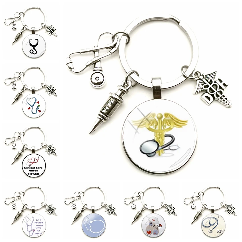 Creative Jewelry Antique DH Bump Glass Keychain Pendant Medical Sign Stethoscope Syringe Man Woman Car Keyring Gift Party | Украшения и