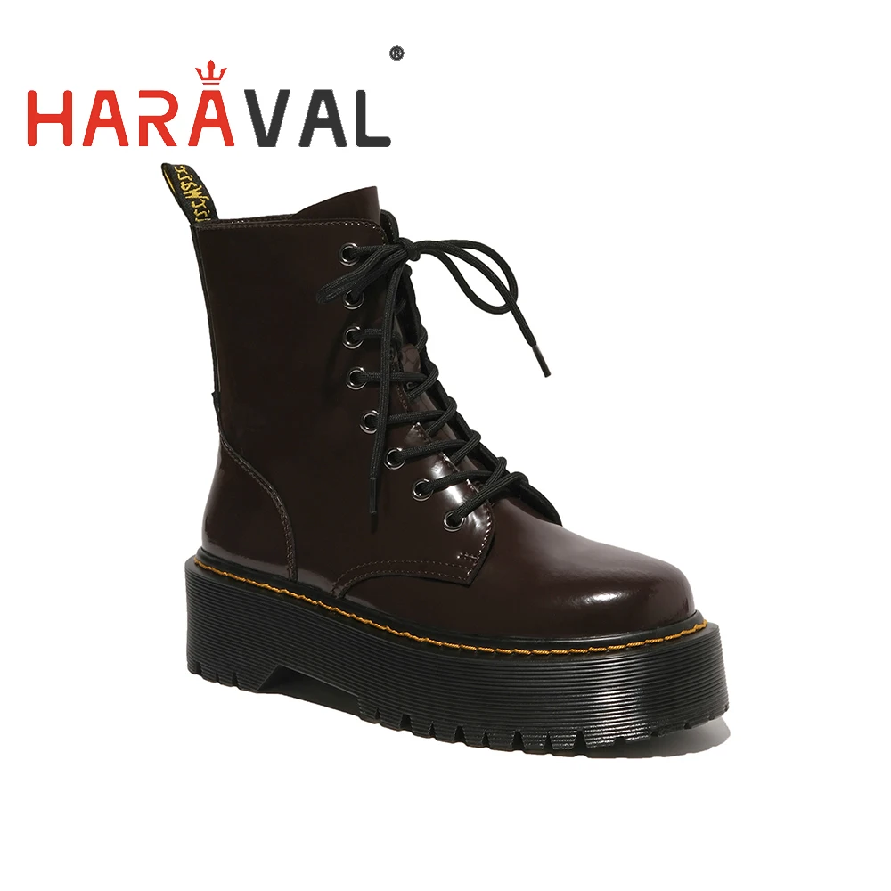 

HARAVAL Women Thick Bottom Martin Boots Platform Cross Lace Up Solid Lady Biker Motorcycle Shoes Fashion New Footwear HotE198L