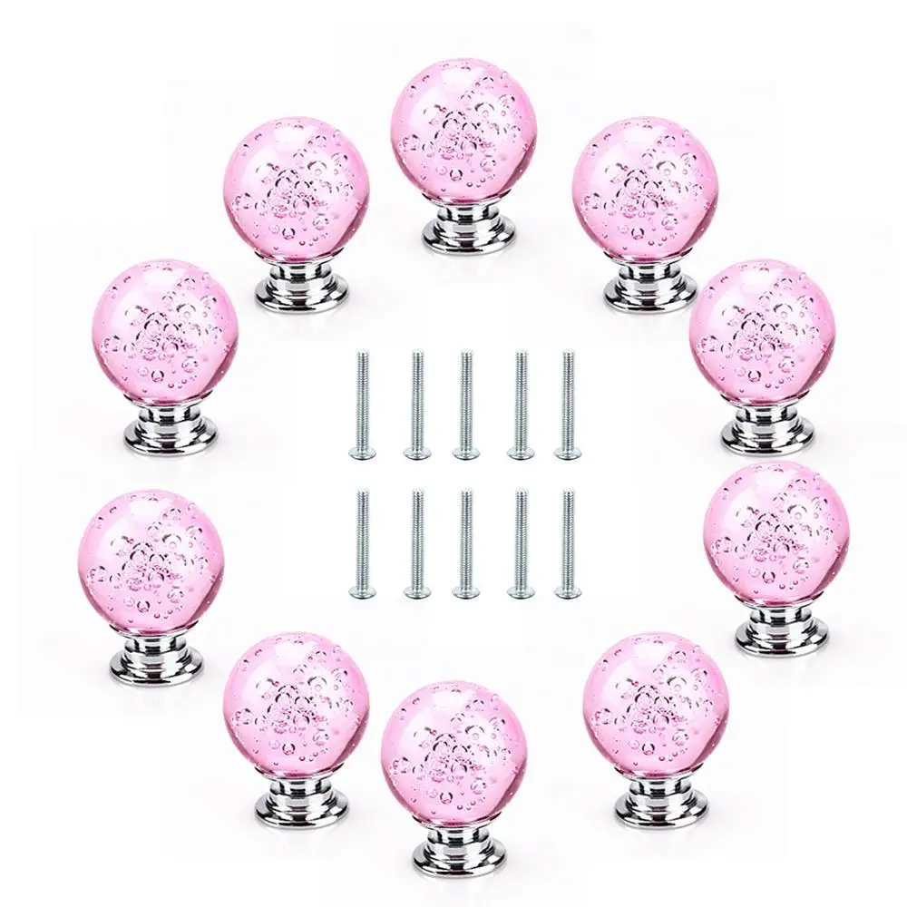 Kitchen Cabinet Knobs Crystal Round Bubble Glass Handle Decorative Cupboard - Color: Pink