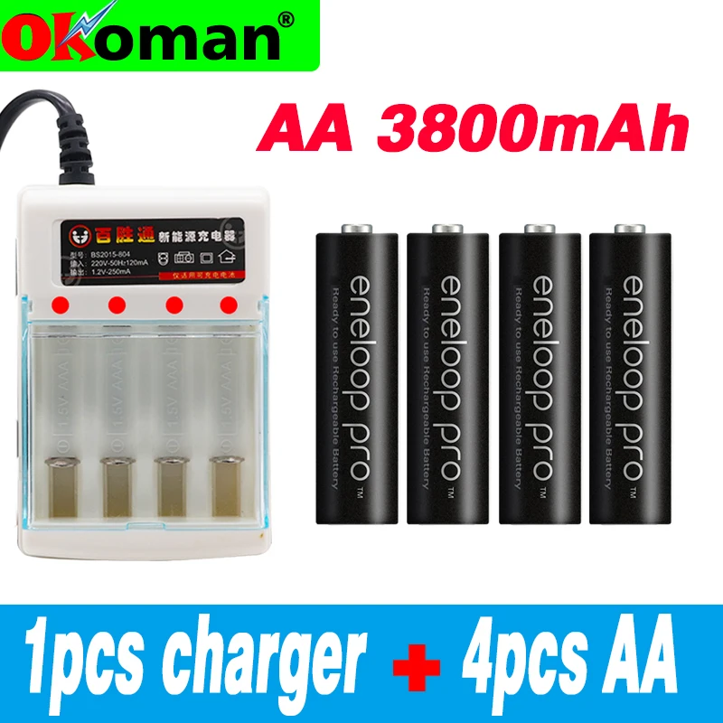 4pcs Panasonic Eneloop Original Battery Pro AA 3800mAh 1.2V NI-MH Camera Flashlight Toy Rechargeable Batteries with Charger - Цвет: Золотой