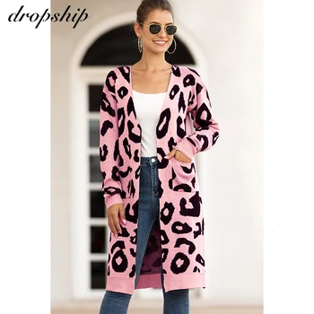 

2020 Long Cardigan Sweater Leopard Printed Pink Knitwear Women Sweater Autumn Long Sleeve Female Cardigan Plus Size Jumper Top