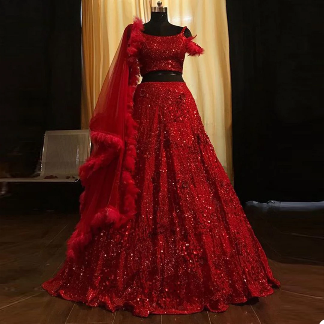 

2 Pieces Luxury Red Prom Dresses With Wrap Feather Sequin Beads Evening Dresses Dubai Arabic Custom Made Sweep Train Pageant