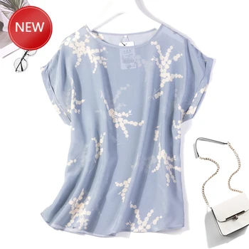 

Woman TshirtsShort sleeve Top Shirt Blouse Blue Floral Plus Size Women's 100% Pure Silk