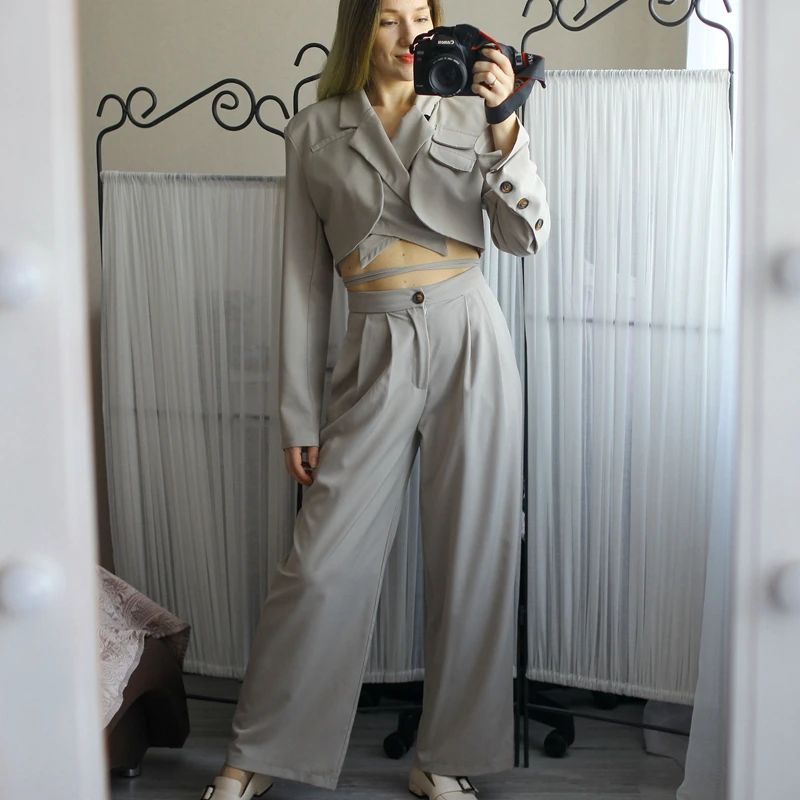 Pants-Set Suits Short-Coat Two-Piece-Set Office Korean Women Crop-Top Streetwear Summer