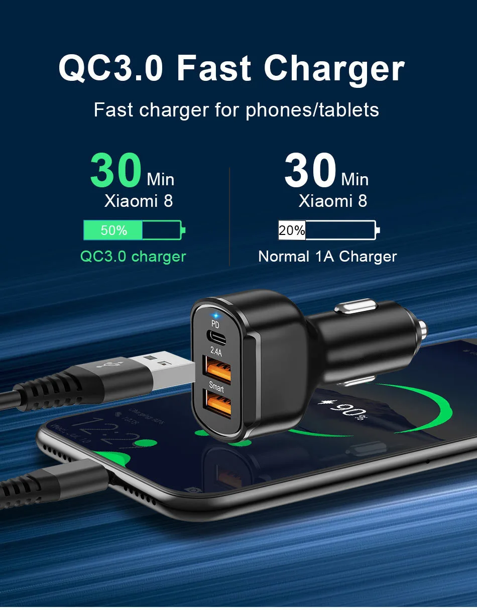 quick charge 3.0 car charger 30W New PD Car Charger PD + 2.4A Dual USB Car Charger 30W Three Port PD Car Charger 30wpd Car Charger fast car phone charger