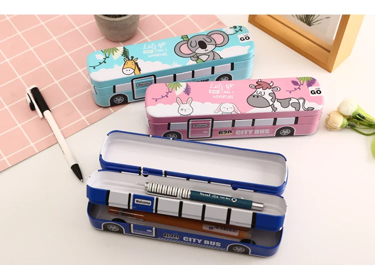 Creative bus stationery box multi-function pencil box iron box children's school supplies men and women students double-layer p