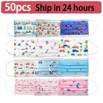 

50Pcs Child Kids Disposable Face Masks 3 Layer Anti-Dust Pollution Masks Fabric Meltblown Cartoon Dog Cat Dinosaur Mouth Mask