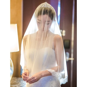 

fashion cathedral bridal veils soft Tulle lvory Veu De Noiva with lace edge long face veil Wedding dress accessories bride veil