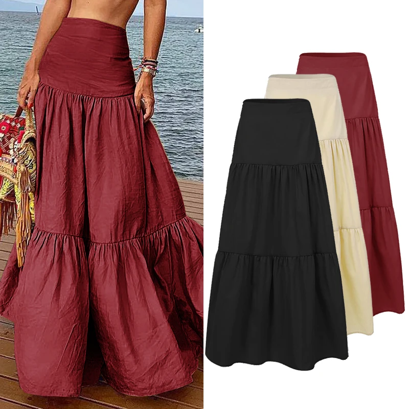 Maxi Skirt Linen Streetwear Ruffles ZANZEA Vintage Cotton Casual Women 5XL Female Jupe