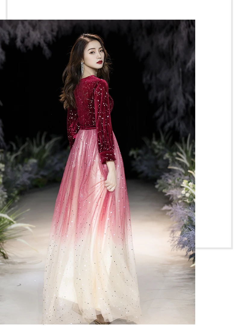 AE681 Robe De Soiree красное вино ТРАПЕЦИЕВИДНОЕ с круглым вырезом 3/4 рукав Тюль Вечерние платья Длинные элегантные платья для вечеринок