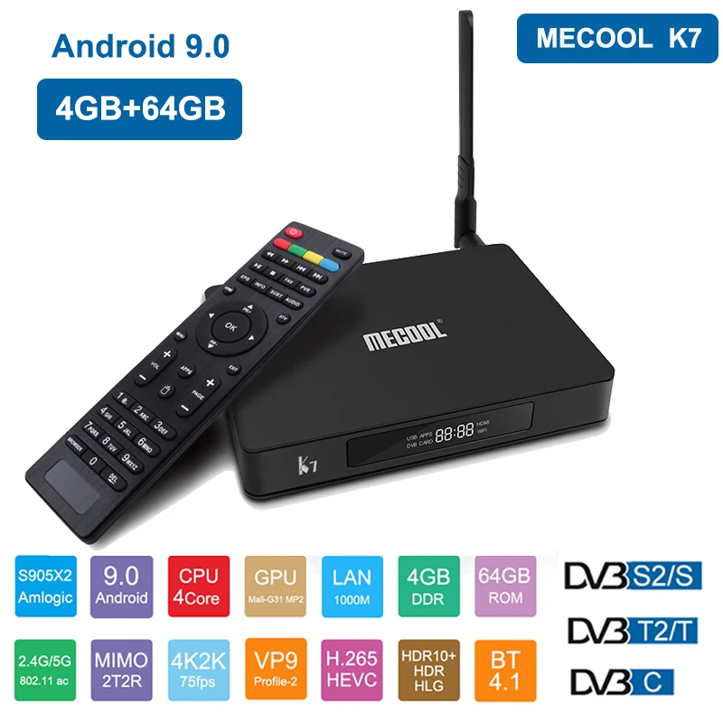 MECOOL Android 9,0 Декодер каналов кабельного телевидения K7 DVB-S2 DVB-T2 DVB-C, 4 ГБ, 64 ГБ, Amlogic S905X2 2,4G/5G Wi-Fi USB 3,0 Smart ТВ ящик медиа плеер