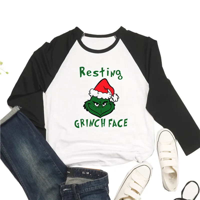 Женская рождественская футболка с буквенным принтом для отдыха Grinch, милые Графические футболки с круглым вырезом и рукавом реглан, женская футболка Harajuku - Цвет: Черный