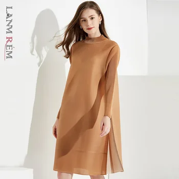 

LANMREM 2020 spring Solid Color patchwork Horizontal pleated Elastic dresses for women fashion new long casual Suit-dress YH786
