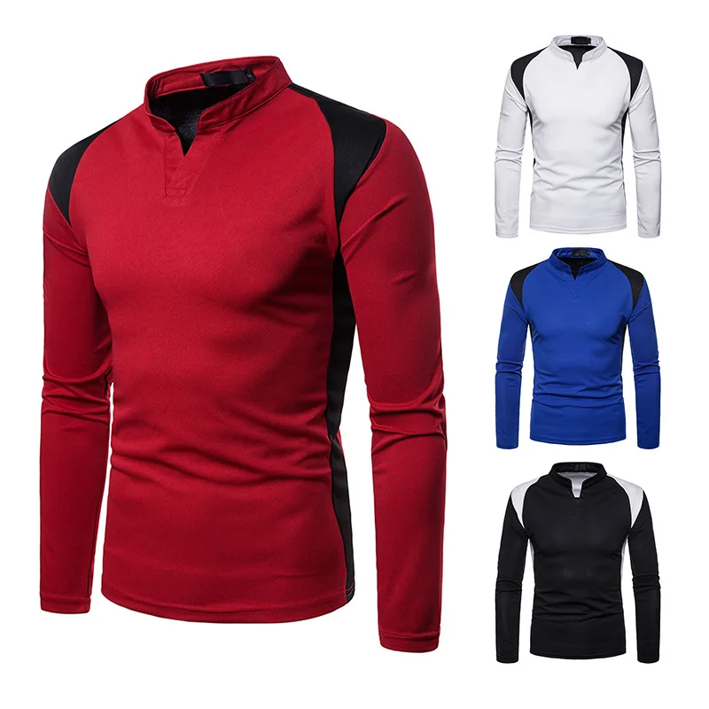

2018 Autumn And Winter New Style Europe And America Men Irregular Mixed Colors Long Sleeve T Shirt-Style Henry Collar Base Shirt
