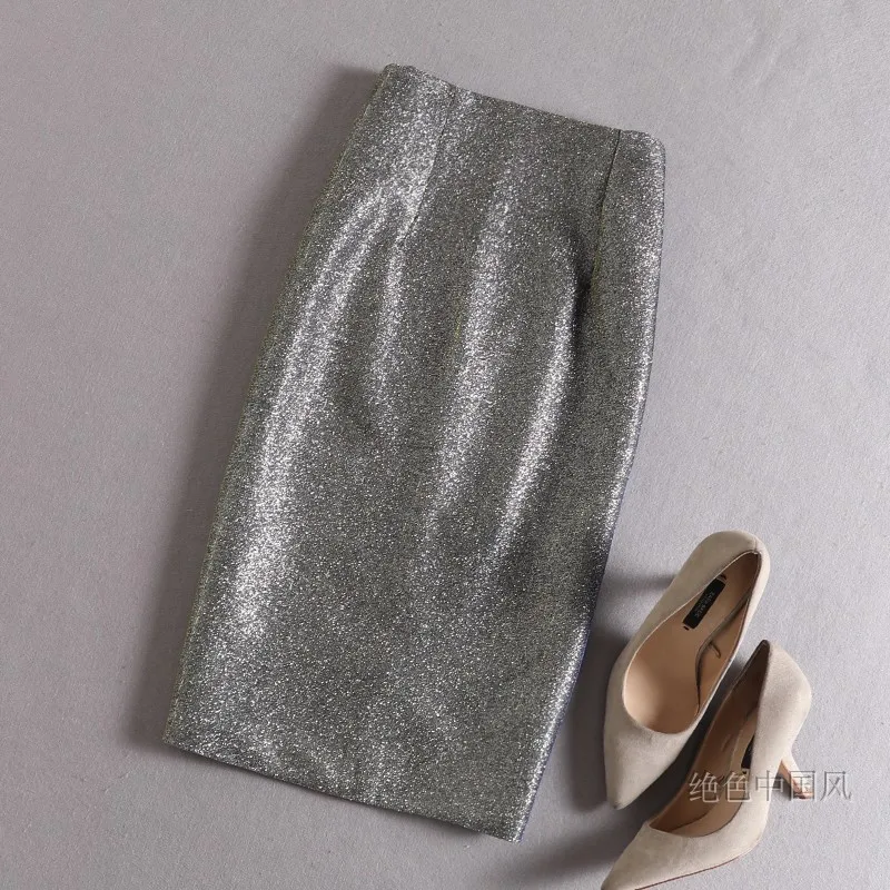 

Glitter Sequined Pencil Skirt Women Silver Sparkle Skirts Midi Knee Length High Waisted Shiny Work Office Lady Night Club Party