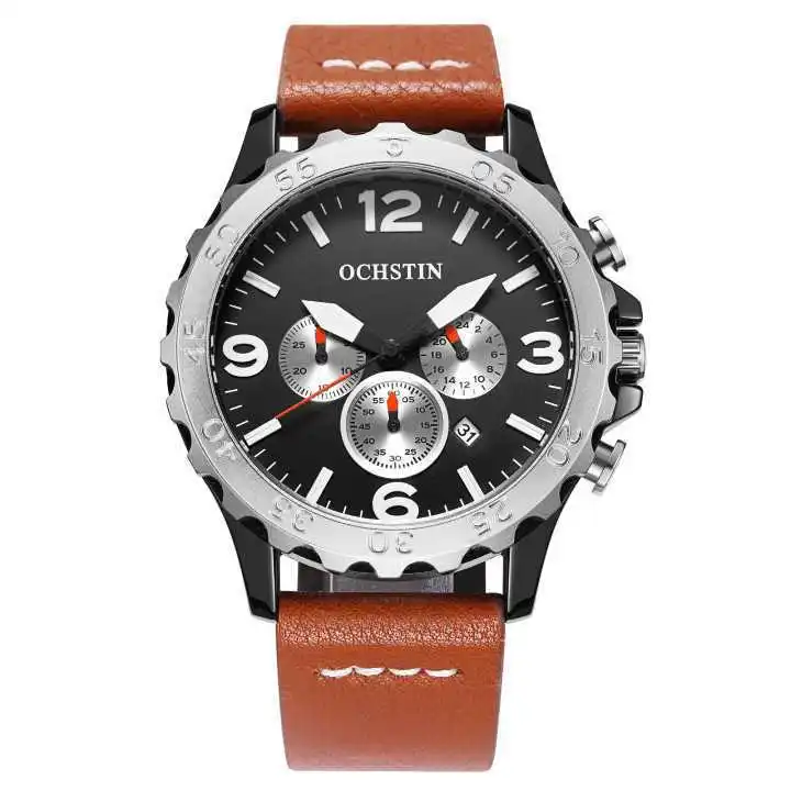 

Ochstin/Augustus Deng Gq077b New Style Large Dial Three-Eyed Simple Hands Leather Belt Quartz Watch