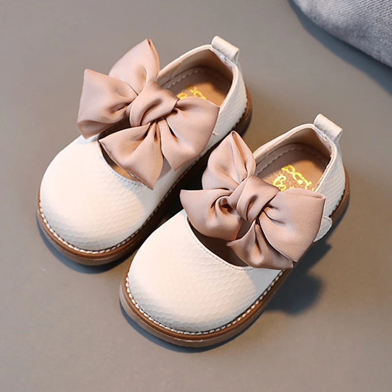 13.5-18.5cm Brand Children Solid Pure Shoes Girls Leather Shoes Lace Bow-knot Sweet Soft Princess Dress For Wedding