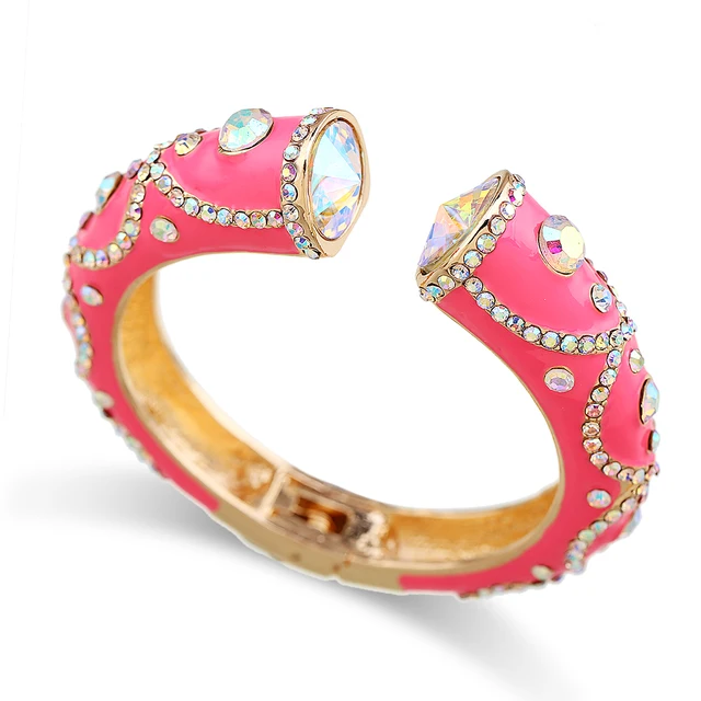 All Seasons Women's Enamel Color Statement Fashion Bangle Cuff Bracelet Gold Plated Inlaid AB Rhinestons Cuff Bangle Rose