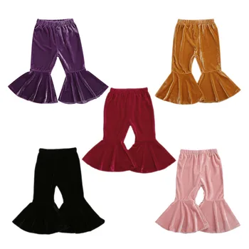 

New Kids Girl Pants Ruffle Solid Color Velvet Warm Trousers Winter Fall High Waist Clothes