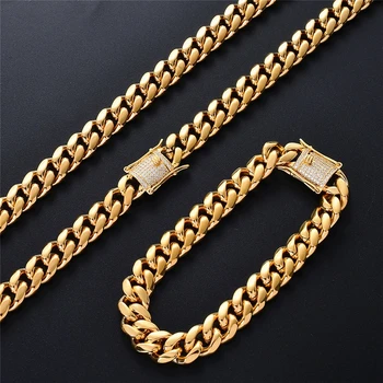 

10MM Luxury Necklace&Bracelet Men Gold Stainless Steel Hip Hop Rock Rhinestone Thick Cuban Chain Trendy Women Jewelry