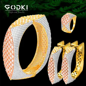 

GODKI BIG Luxury 3pcs EARRING Bangle Ring Sets For Women Wedding Cubic Zircon Crystal Engagement DUBAI Bridal Jewelry Sets 2019
