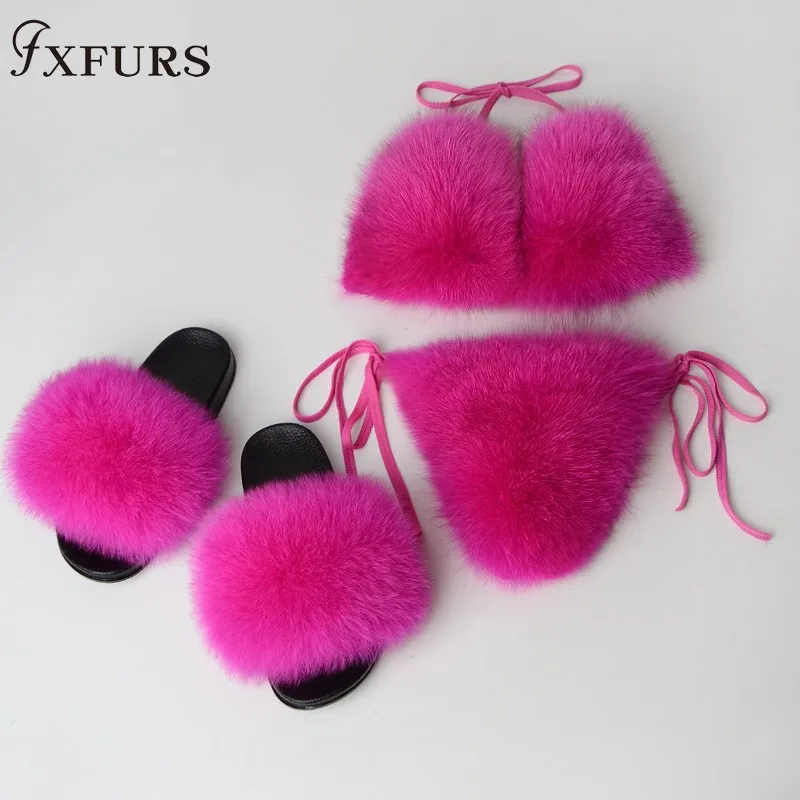 and rose red slides Женские тапочки с натуральным лисьим мехом, меховые бикини, бюстгальтер, летнее пляжное нижнее белье, съемный Толстый Пушистый комплект бикини с натуральным мехом - Цвет: and rose red slides