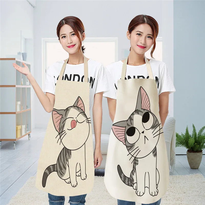 1 Pcs Kitchen Apron Animals Cute Cartoon Cat Sleeveless Cotton Linen Aprons for Women Home Cleaning Tools