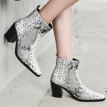 

AGODOR Genuine Leather Boots Women Shoes Spring Autumn Boots Slip on Snake Ladies Motorcycle Boots High Heels Ankle Botas