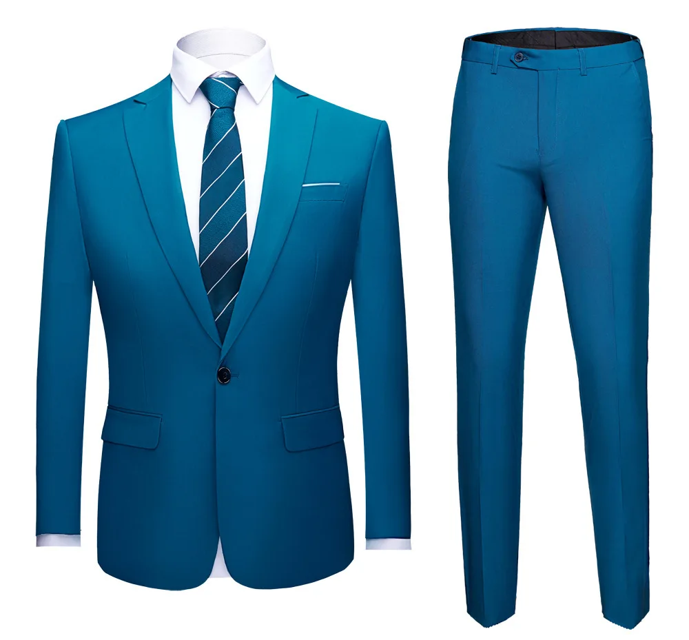 PYJTRL мужской Одноцветный комплект из двух предметов, приталенный Свадебный костюм, шафер жениха деловой повседневный костюм, куртка и брюки, костюм Homme - Цвет: BLUE