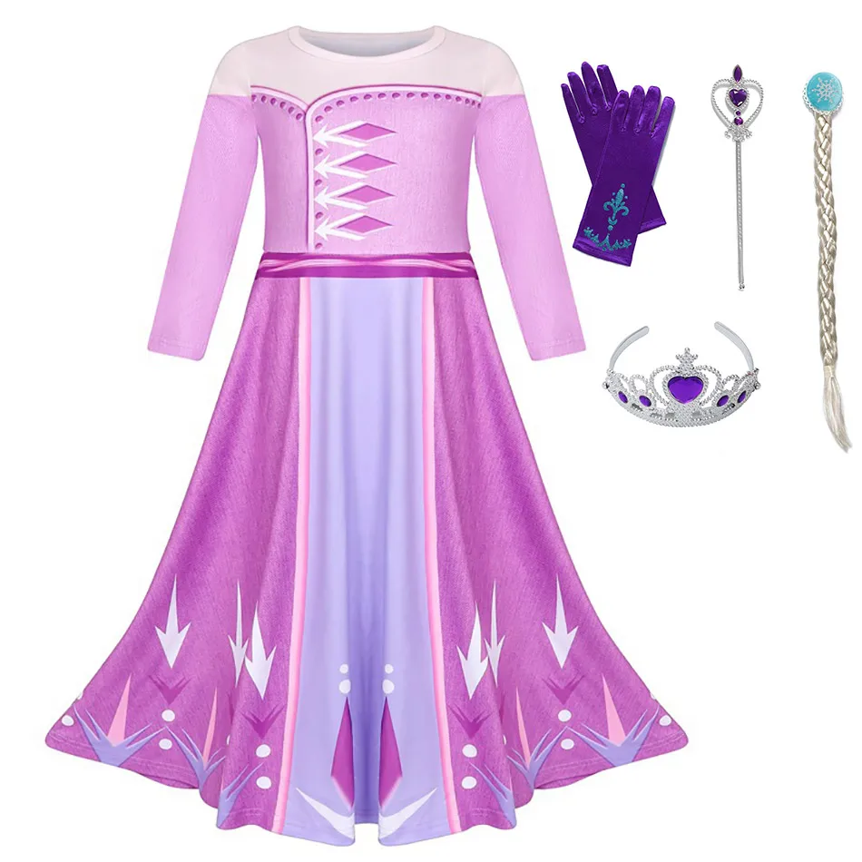 Elsa Purple Dress Снежная королева 2 Принцесса Эльза и Анна вечерние платья с аксессуарами для маленьких девочек Хэллоуин Косплей Дети Эльза волшебный костюм - Цвет: Elsa Purple Dress