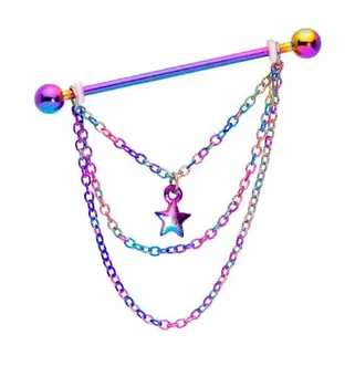 

2020 Newest 5 styles 14G Stainless steel 14 Gauge Rainbow Star Triple Chain Dangle Industrial Barbell 38mm