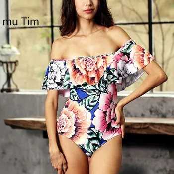 

New Sexy Printing Floral One Piece Swimsuit Women Monokini Falbala Backless Push Up Padded Bikini Swimsuit Swimwear Bathing Suit