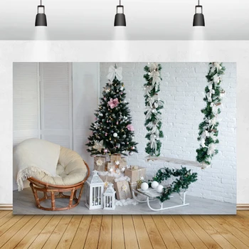 

Laeacco Christmas Photozone White Brick Wall Wood Screen Tree Light Gift Photography Backdrops Photo Backgrounds Photocall Props