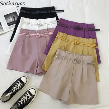 

Shorts Women Summer Sashes A-line High-waist Elegant Casual Korean Style Solid Simple Womens Wide-leg Slim Zipper Stylish Chic