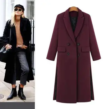 

Women Winter Coat Thick Warm Long Sleeve Double Bresated Wool Outwear Vintage Black Grey Elegant Overcoat