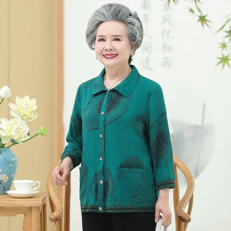 

Eldery Women Floral Shirt Autumn Three Quarter Sleeve Button Front Top Grandma Mother Turn Down Collar Shirts Red Green Blue