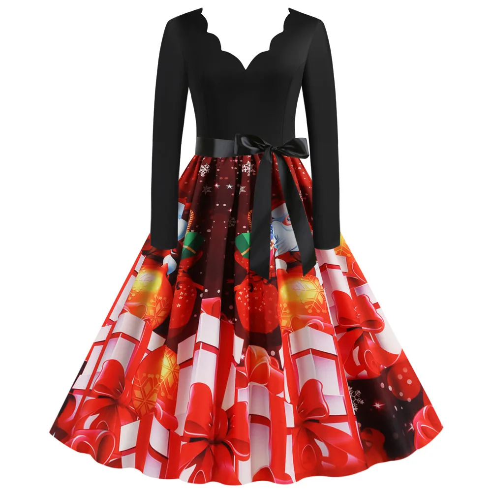 Черное винтажное рождественское платье с принтом, Женское зимнее Повседневное платье с длинным рукавом и v-образным вырезом, сексуальные новогодние вечерние платья размера плюс - Цвет: A020