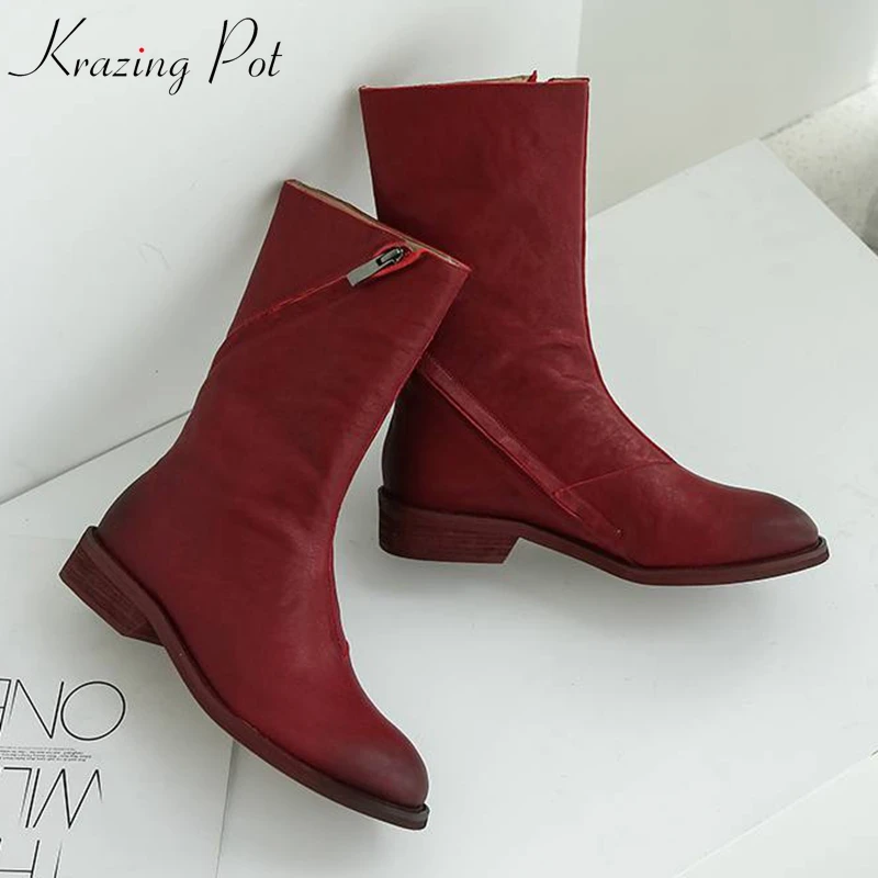 

krazing pot full grain leather superstar Chelsea boots streetwear pleated skin round toe European low heels mid-calf boots L07